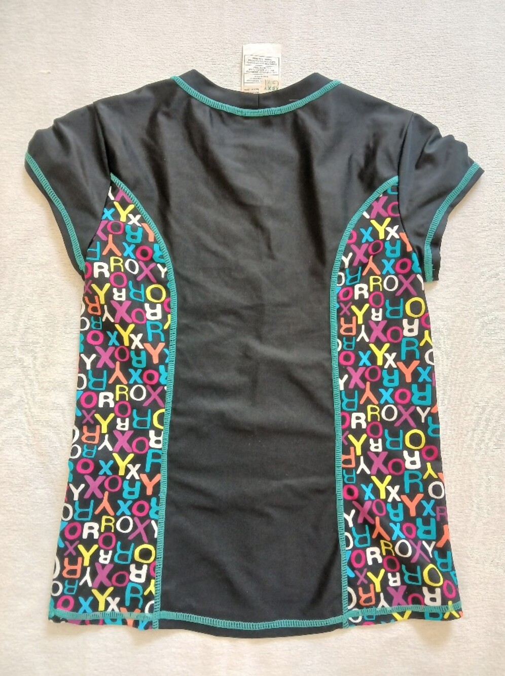 Roxy Girls 10 Black Rashguard Swim Top with Teal Logo and Multicolor Side Panels - Picture 3 of 4